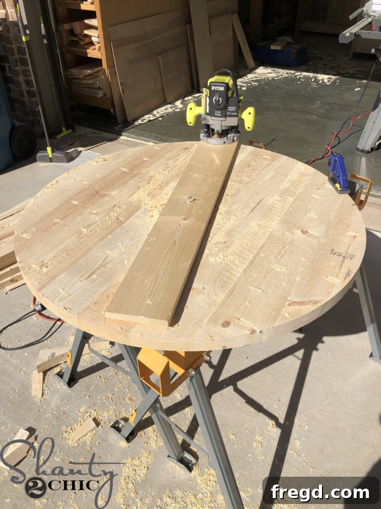 Cutting a precise 38-inch diameter circle from a wood panel using a plunge router and circle jig