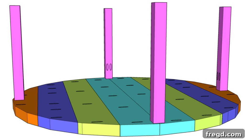 Attaching table legs to the upside-down round coffee table top using pocket hole screws
