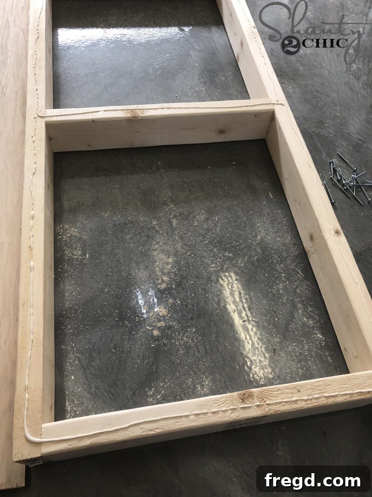 Applying Wood Glue to Top Edges of Lumber Cart Base Frame