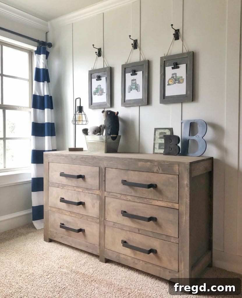 Finished DIY Modern Farmhouse 6 Drawer Dresser in a boy's room