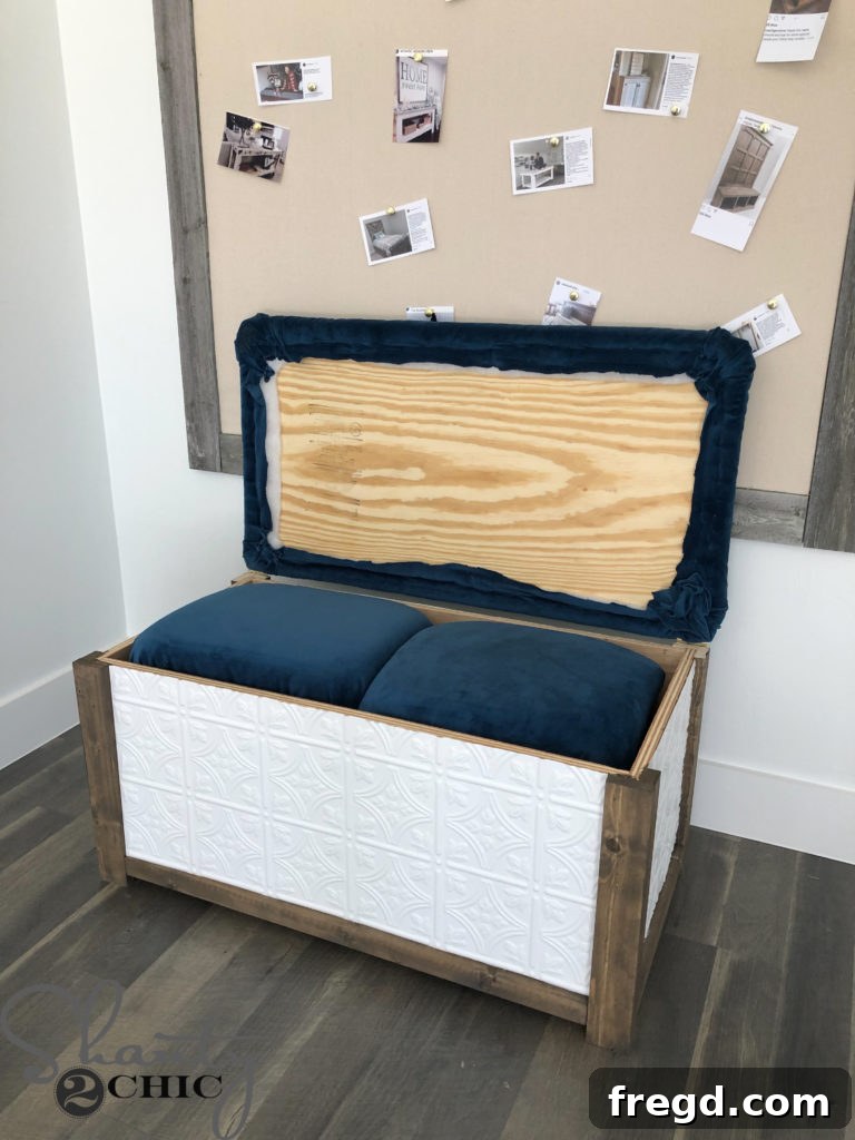 Completed DIY Trunk with Nesting Ottomans - Stylish Home Storage