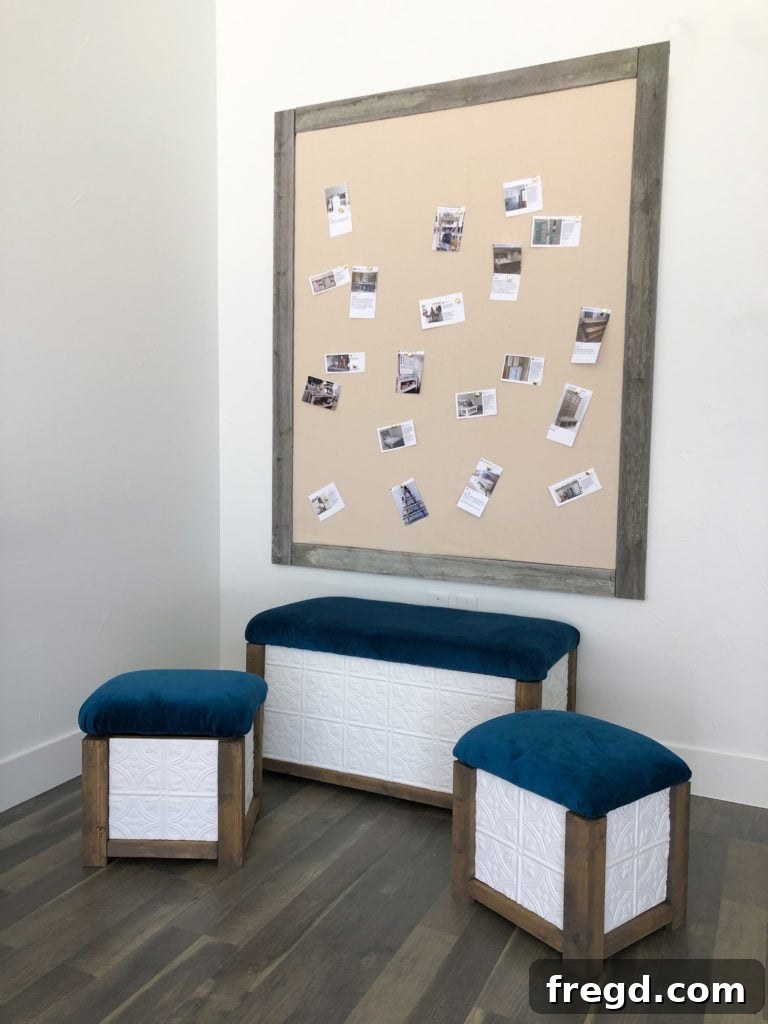 Finished DIY Faux Tin Tile Trunk and Ottomans - Home Decor Inspiration