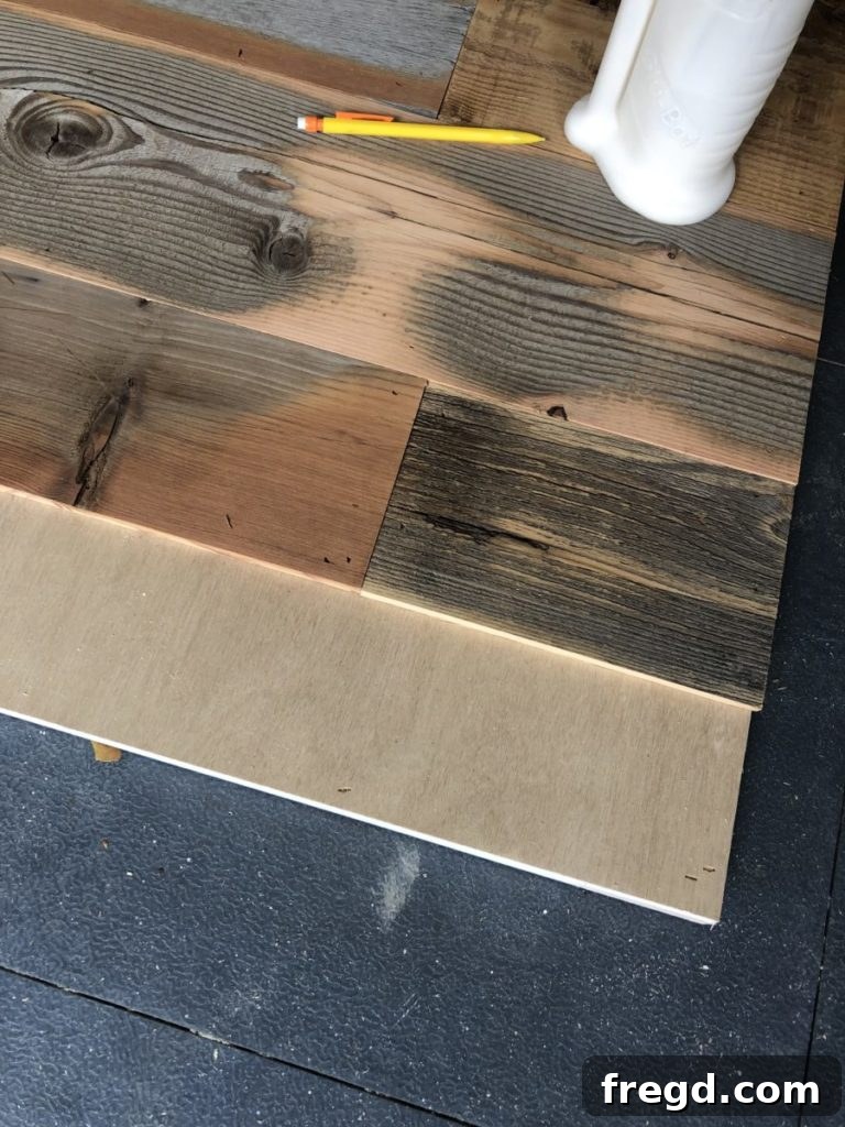 Half-finished DIY bypass door with reclaimed wood