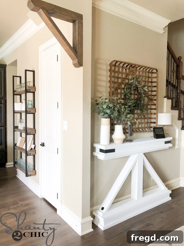 Beautifully styled DIY Modern Farmhouse Narrow Console Table in a contemporary living room setting, showcasing its elegant design and slender profile