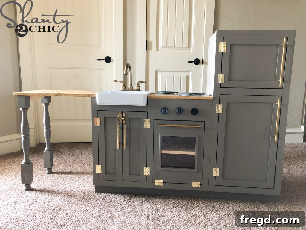 Completed DIY Play Kitchen revealed on Christmas morning