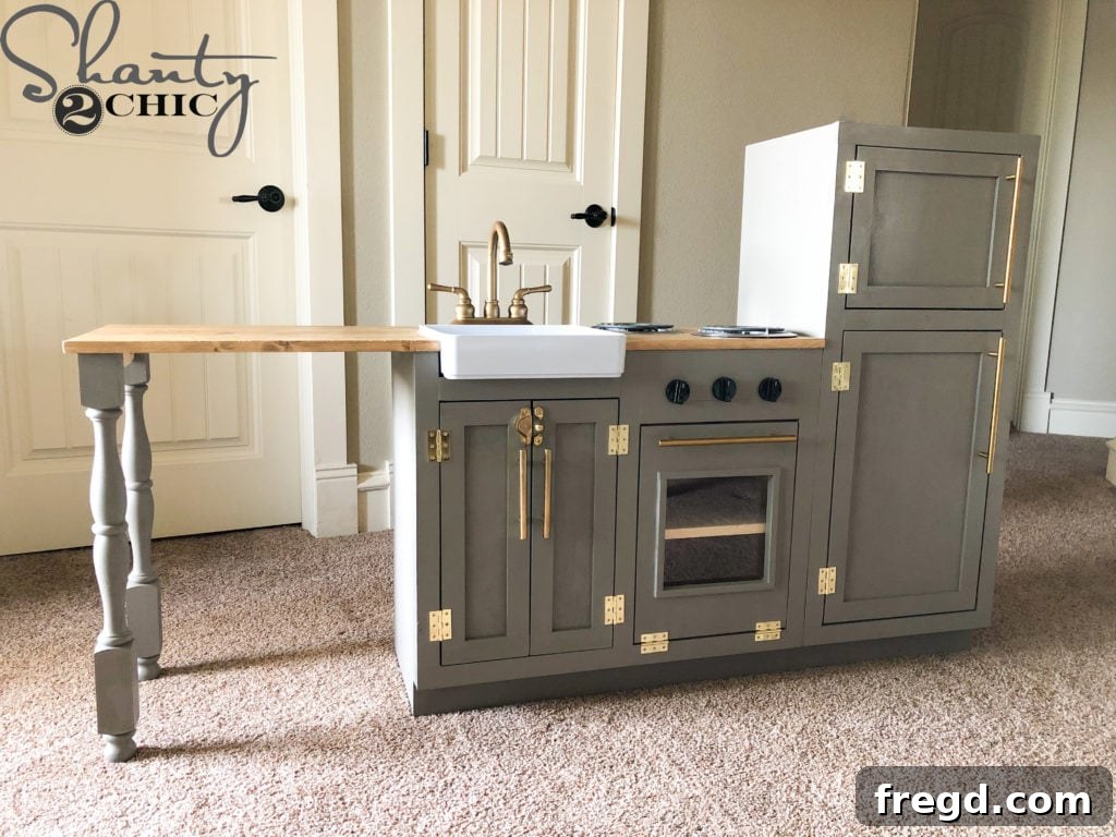 DIY Play Kitchen styled to resemble a modern home kitchen