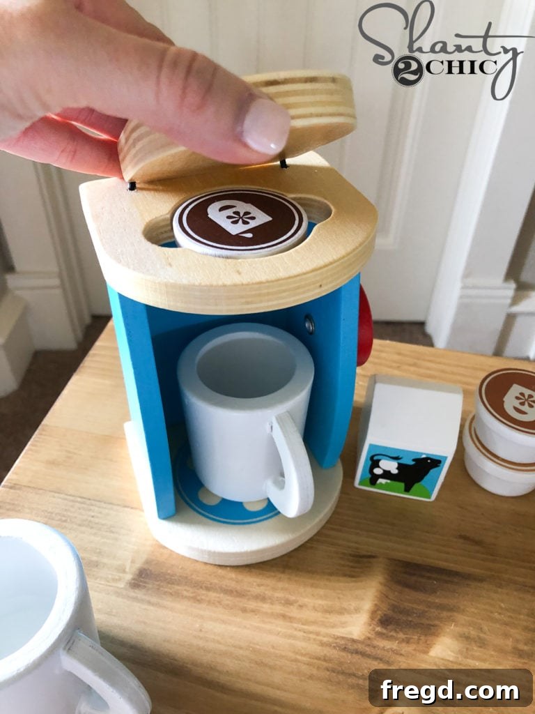 Wooden play food coffee maker, realistic and interactive