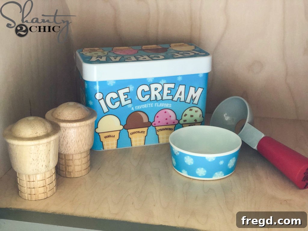 Child's favorite play food ice cream set with various scoops