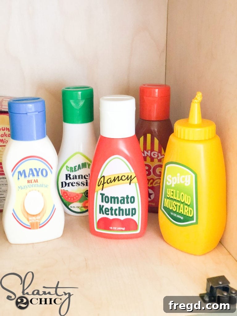 Realistic play food condiment set with squeezable mustard