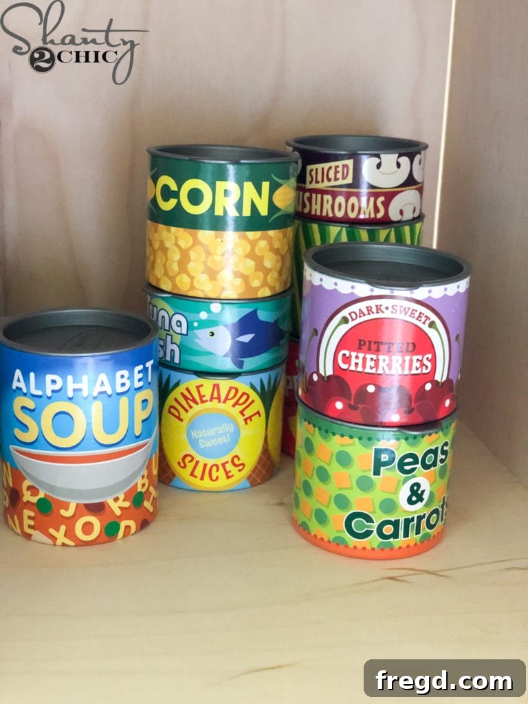 Large set of sturdy play food canned goods for grocery store play