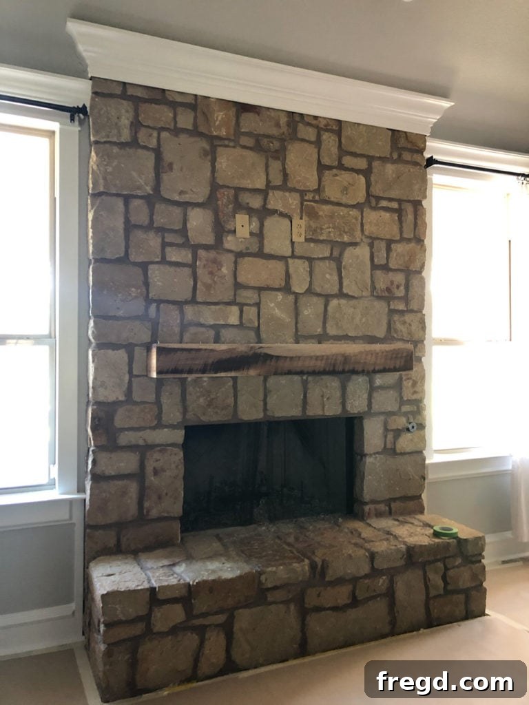 Before DIY German Schmear Stone Fireplace Transformation - Original stone facade