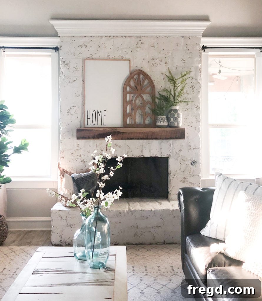 Finished DIY German Schmear fireplace with decor