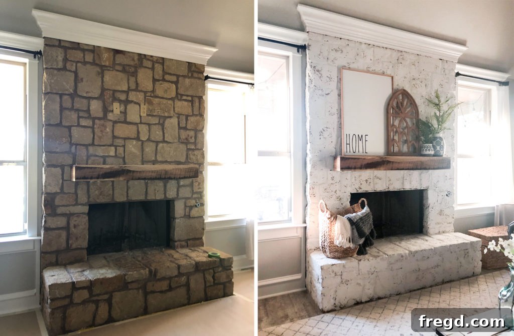 Wide view of living room with transformed white fireplace