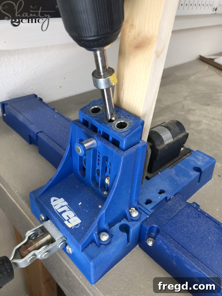 Drilling 3/4 inch pocket holes into barn door frame stud pieces