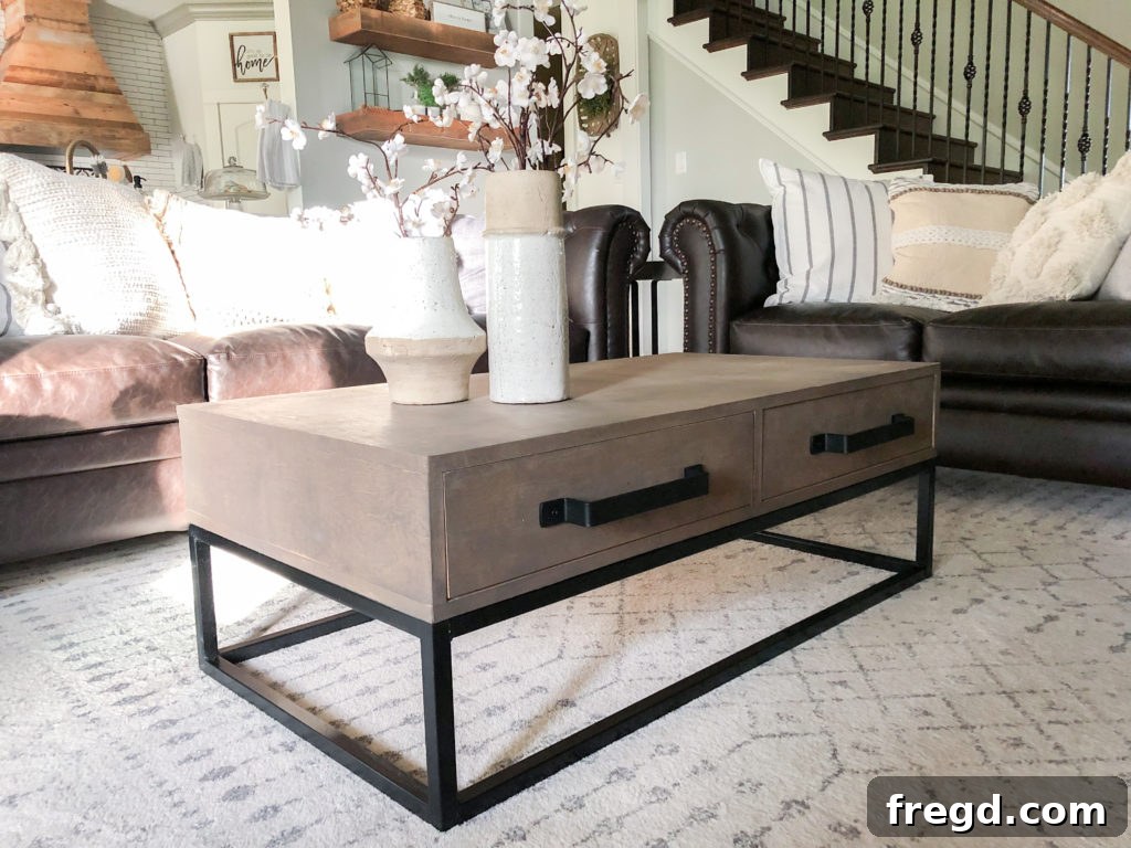 Beautifully finished DIY Wood and Metal Coffee Table showcasing its design and craftsmanship.
