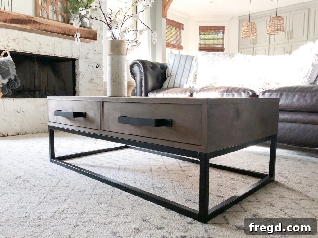 Close-up view of the finished Wood and Metal Coffee Table highlighting details and materials.