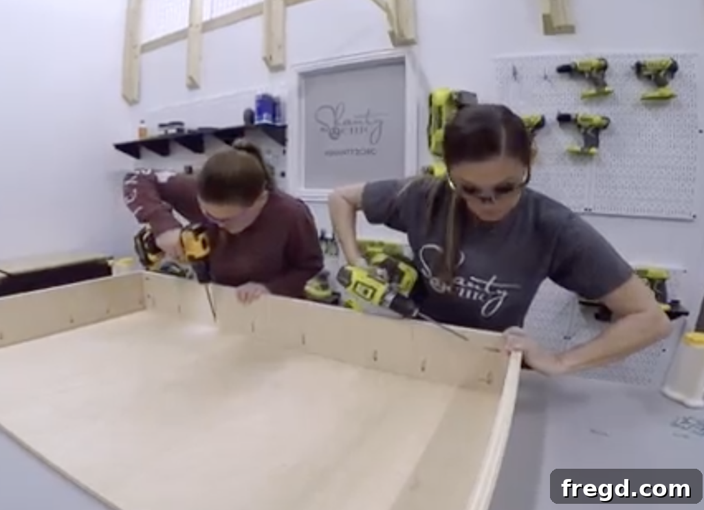Attaching the back panel of the coffee table frame for structural integrity.