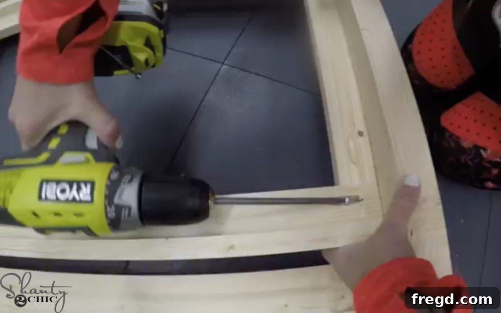 Attaching cane frames to the headboard with pocket hole screws.