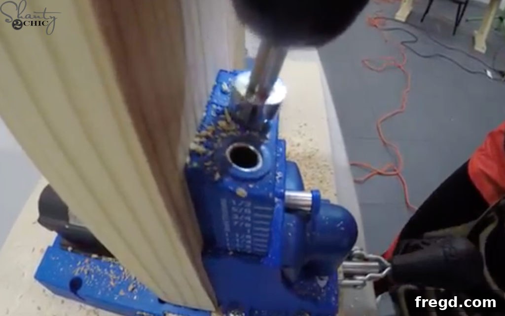 Cutting headboard pieces with a miter saw and drilling pocket holes with a Kreg Jig.