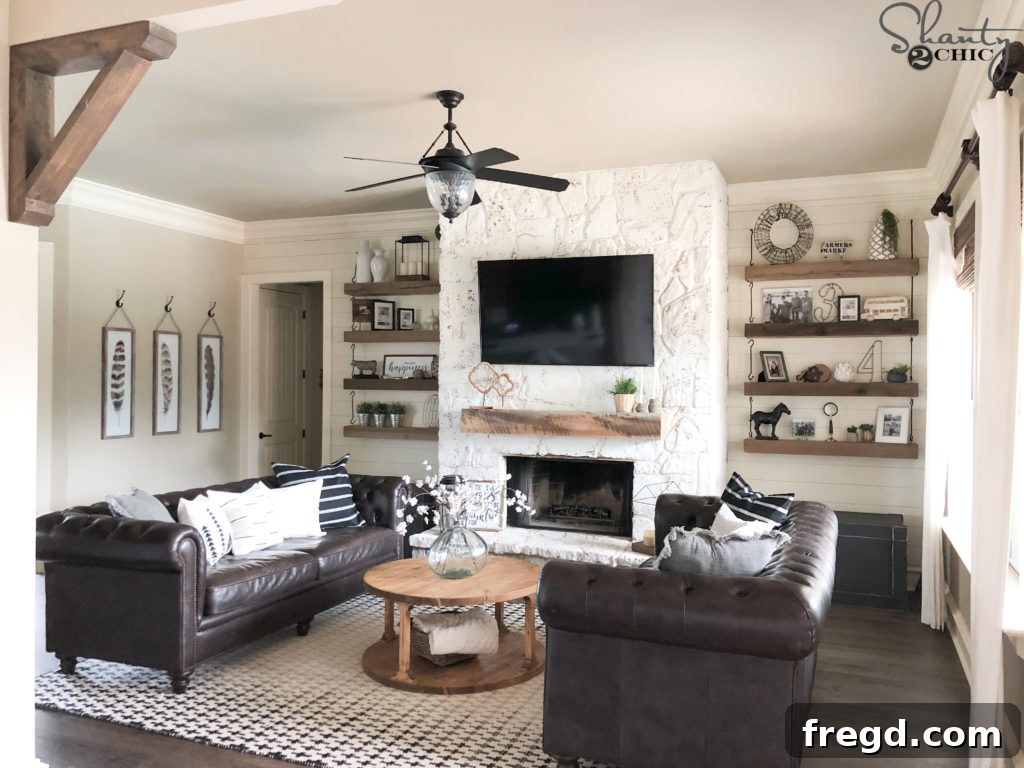 Another view of the transformed fireplace, highlighting the textured, light finish.