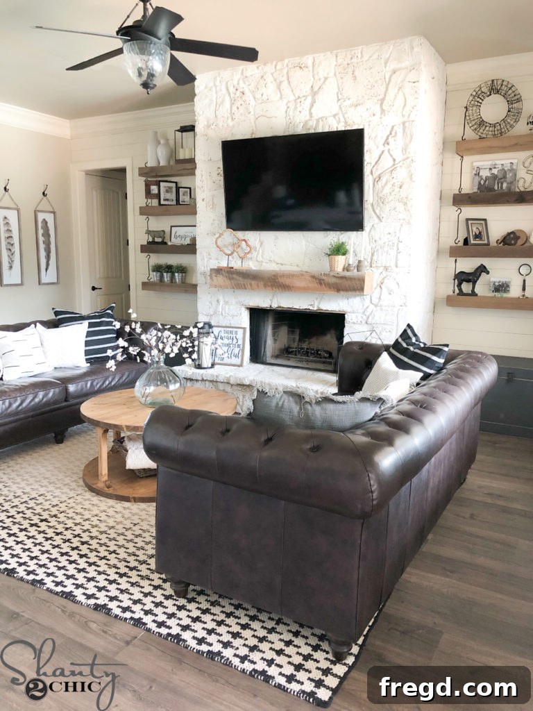 Full view of the German Schmear fireplace with stylish living room decor.