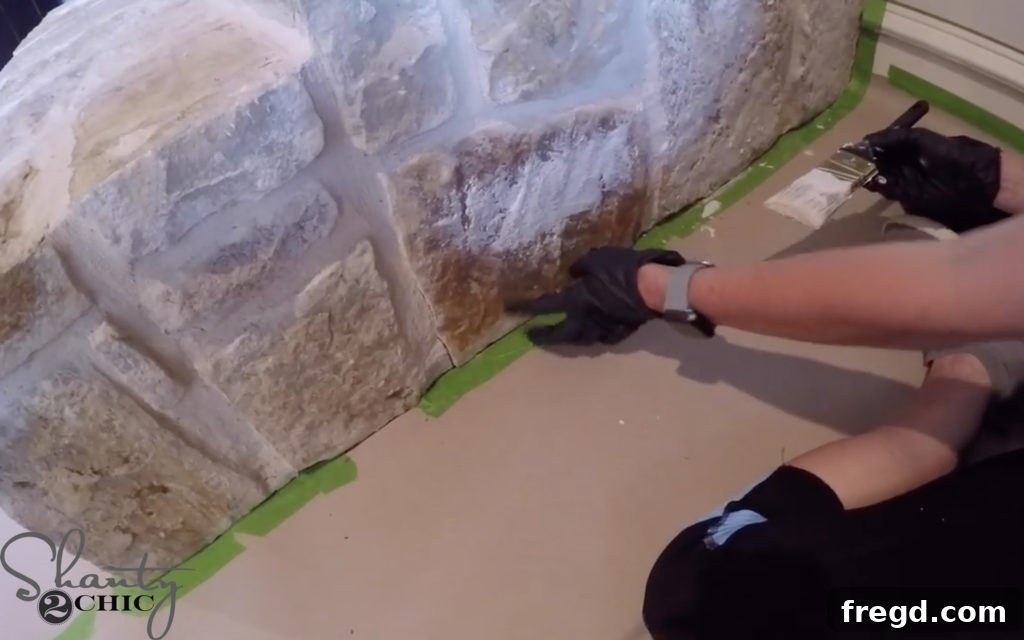Painting mortar onto the fireplace stones