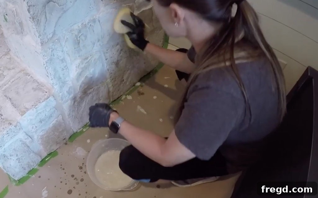 Wiping mortar with a wet sponge for a whitewashed look