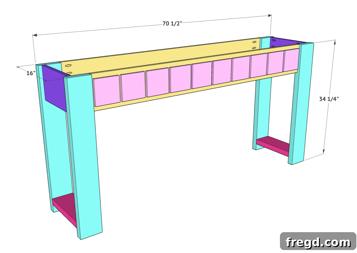 Build Your Own Faux Drawer Console Table 25 Assembling the two leg structures together to form the complete console table base frame.