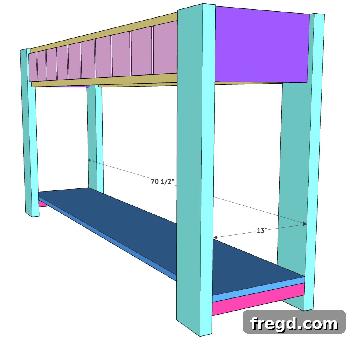 Build Your Own Faux Drawer Console Table 28 Overview of the console table with the bottom shelf fully installed and secured.