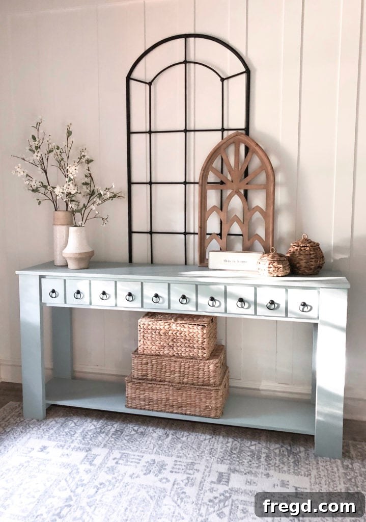 Finished DIY Faux Drawer Console Table in a beautifully painted blue