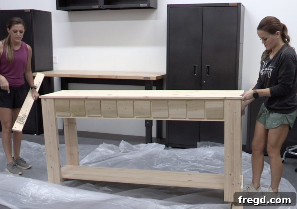 Scrap wood elevating the console table off the drop cloth