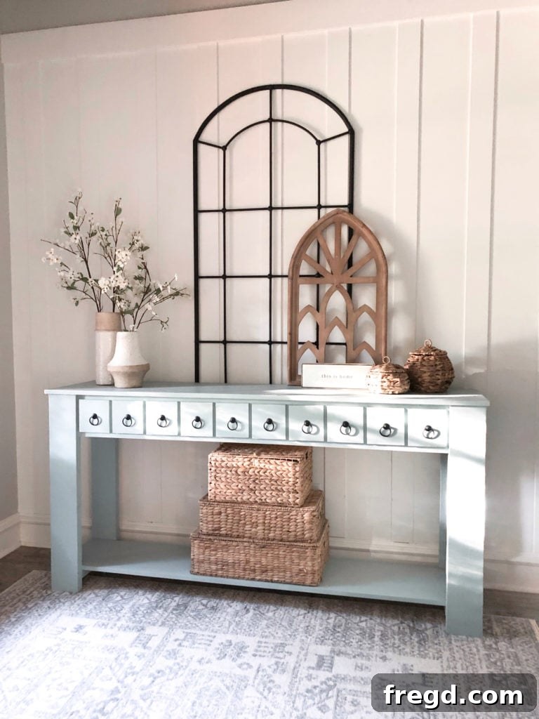Finished DIY Faux Drawer Console Table in an entryway setting