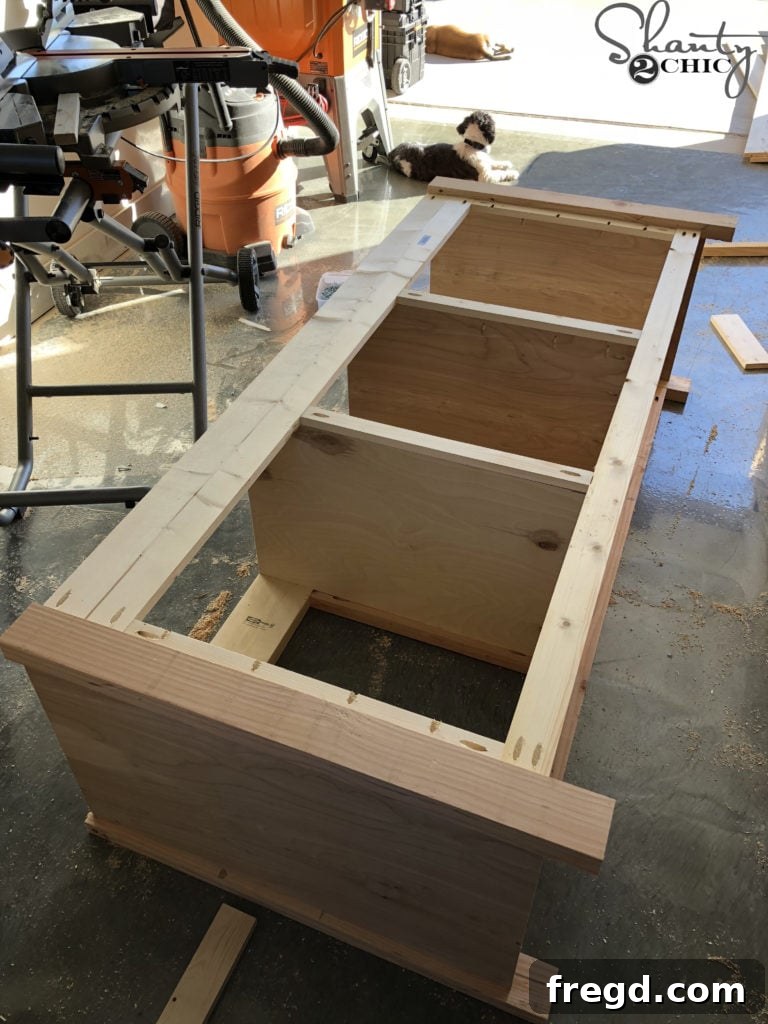 DIY Rustic Double Sink Bathroom Vanity with Barn Door Storage 15 Attaching the Vanity Back Frame