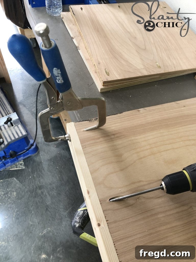 DIY Rustic Double Sink Bathroom Vanity with Barn Door Storage 16 Attaching the Drawer Sides for the Vanity