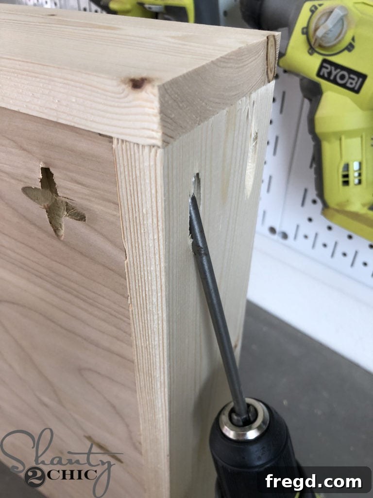 DIY Rustic Double Sink Bathroom Vanity with Barn Door Storage 18 Attaching the Front and Back Drawer Pieces
