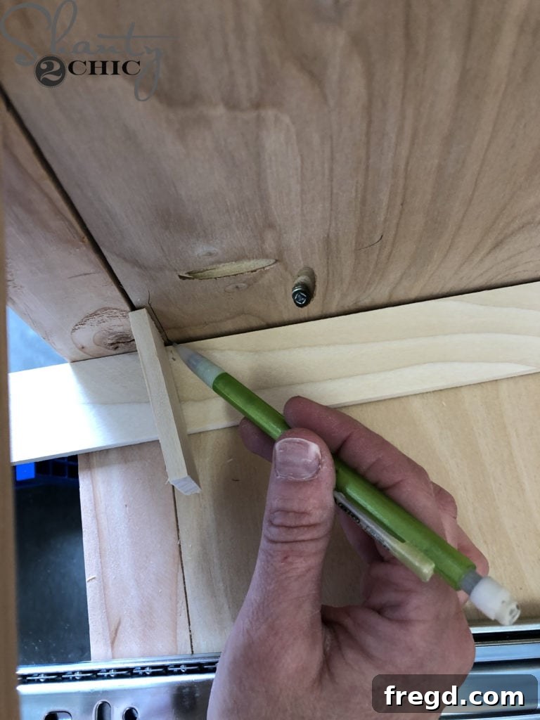 DIY Rustic Double Sink Bathroom Vanity with Barn Door Storage 20 Marking for the Drawer Slides on the Vanity