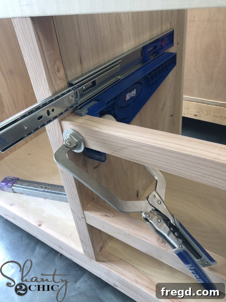 DIY Rustic Double Sink Bathroom Vanity with Barn Door Storage 22 Kreg Jig Face Clamp in action