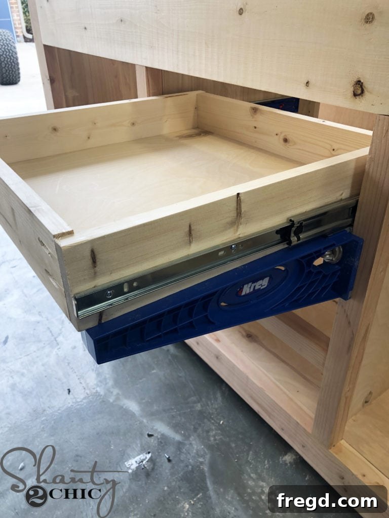 DIY Rustic Double Sink Bathroom Vanity with Barn Door Storage 23 Kreg Jig Drawer Slide Jig in use