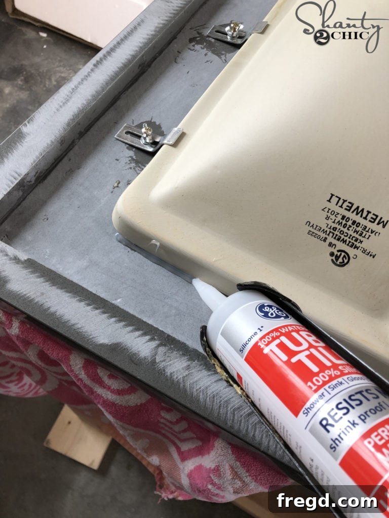 DIY Rustic Double Sink Bathroom Vanity with Barn Door Storage 42 Water-resistant silicone sealant for sinks