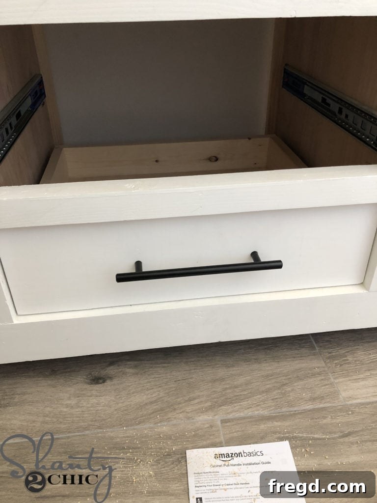 DIY Rustic Double Sink Bathroom Vanity with Barn Door Storage 53 Flat black drawer pulls installed