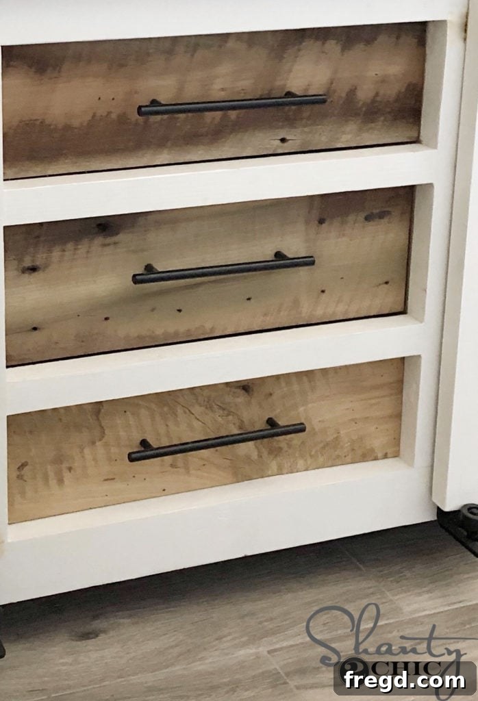DIY Rustic Double Sink Bathroom Vanity with Barn Door Storage 54 Vanity drawers with handles