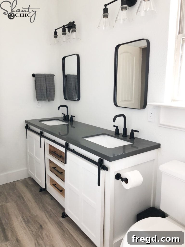 DIY Rustic Double Sink Bathroom Vanity with Barn Door Storage 57 DIY Double Bathroom Vanity complete
