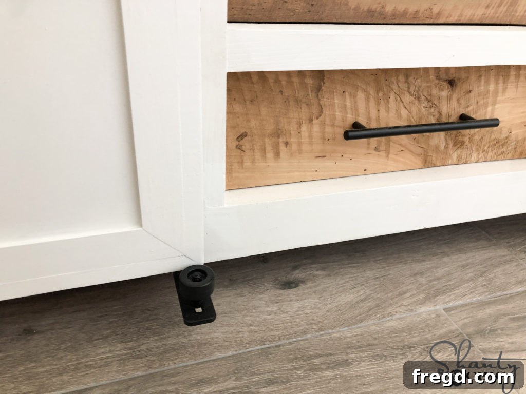 DIY Rustic Double Sink Bathroom Vanity with Barn Door Storage 58 Barn door floor guide for stability