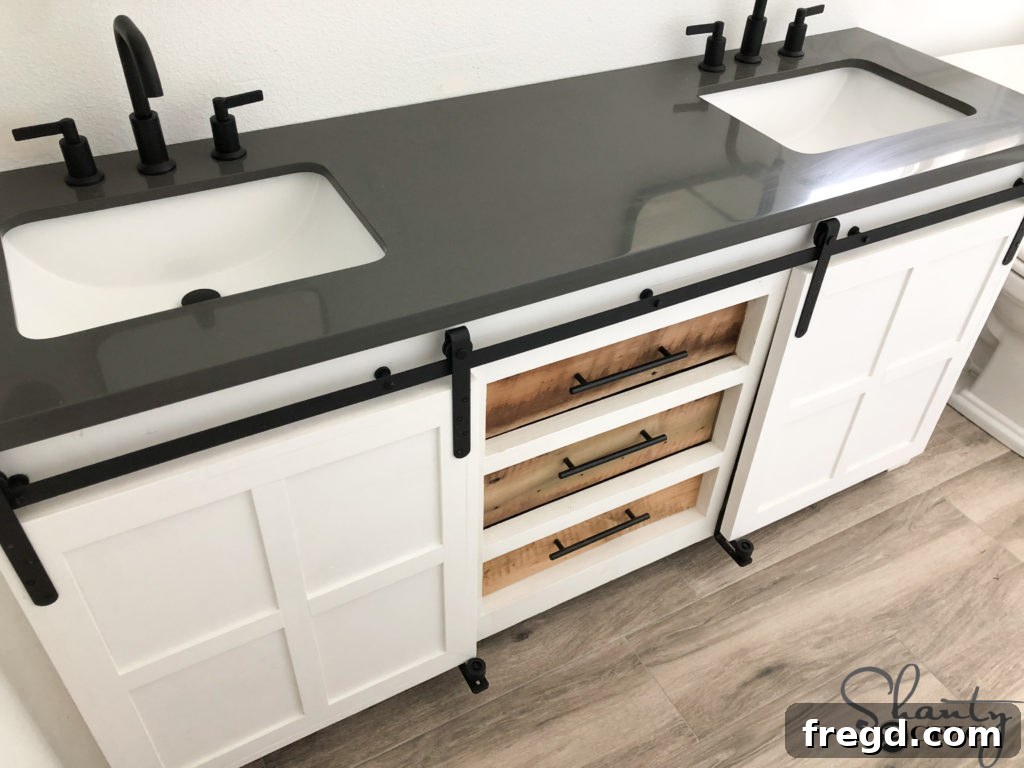 DIY Rustic Double Sink Bathroom Vanity with Barn Door Storage 59 Bathroom vanity with free plans