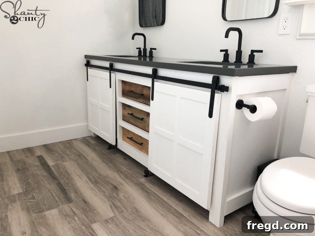 DIY Rustic Double Sink Bathroom Vanity with Barn Door Storage 60 How to build a bathroom vanity step-by-step