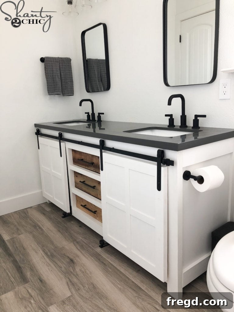DIY Rustic Double Sink Bathroom Vanity with Barn Door Storage 61 DIY Barn door bathroom vanity in a modern farmhouse setting