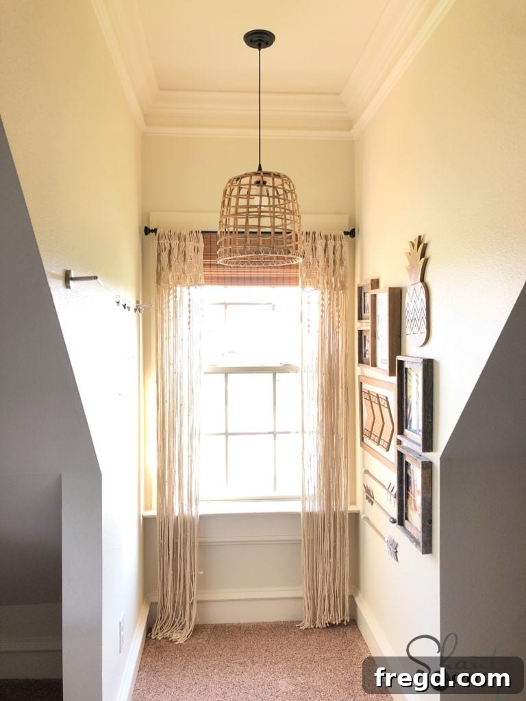 Finished basket chandelier in a room