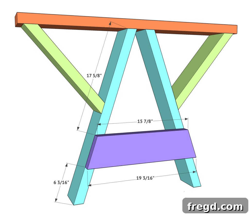 Sawhorse Chic: A DIY Modern Farmhouse Dining Table 17 Leg brace being fitted between the angled legs of a sawhorse table base