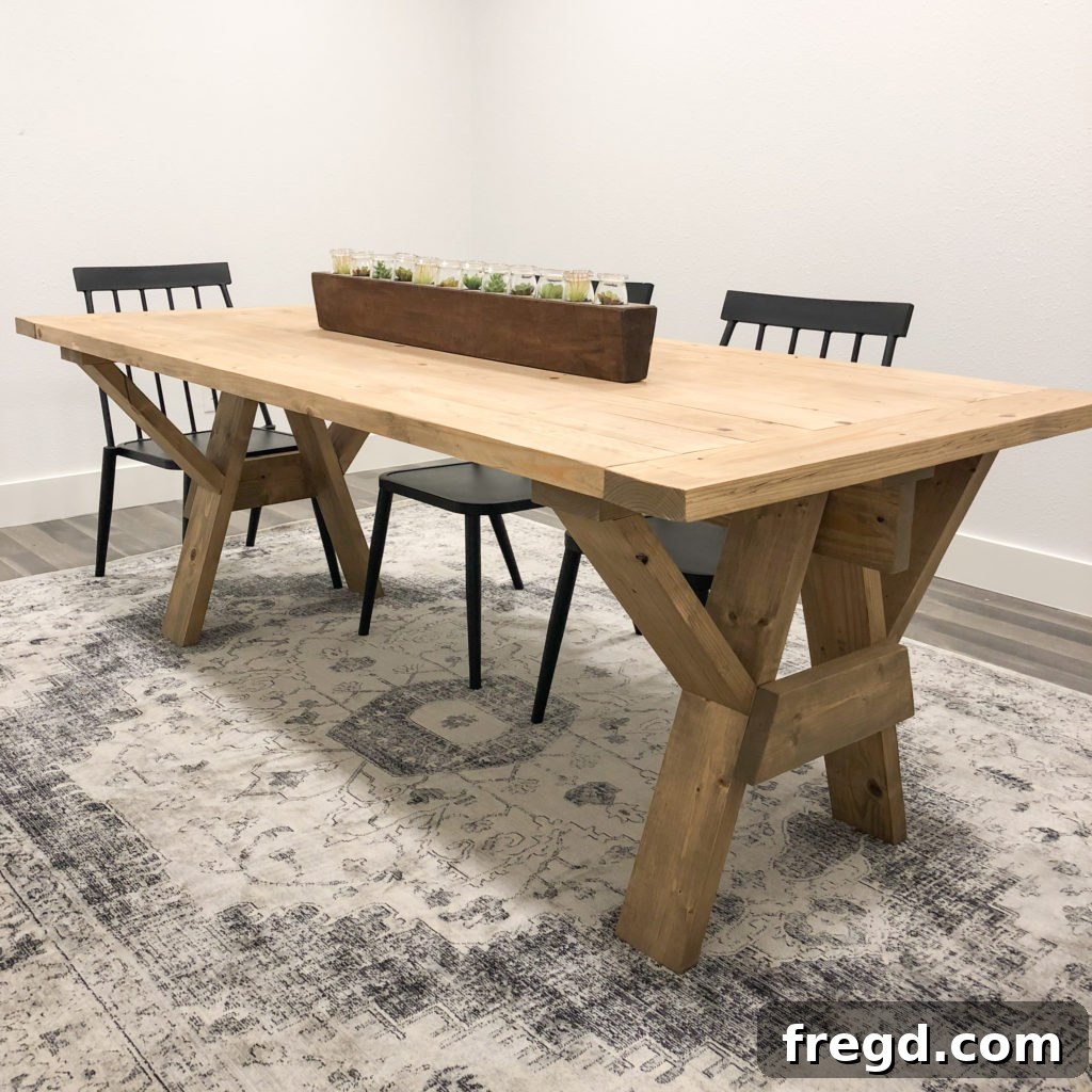 Sawhorse Chic: A DIY Modern Farmhouse Dining Table 30 Another view of the DIY sawhorse base farmhouse dining table, showcasing its design
