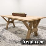 A beautifully crafted sawhorse base farmhouse dining table